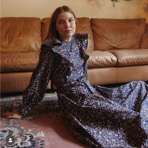 Christy Dawn Navy Floral Ruffle Maxi Dress, Size M